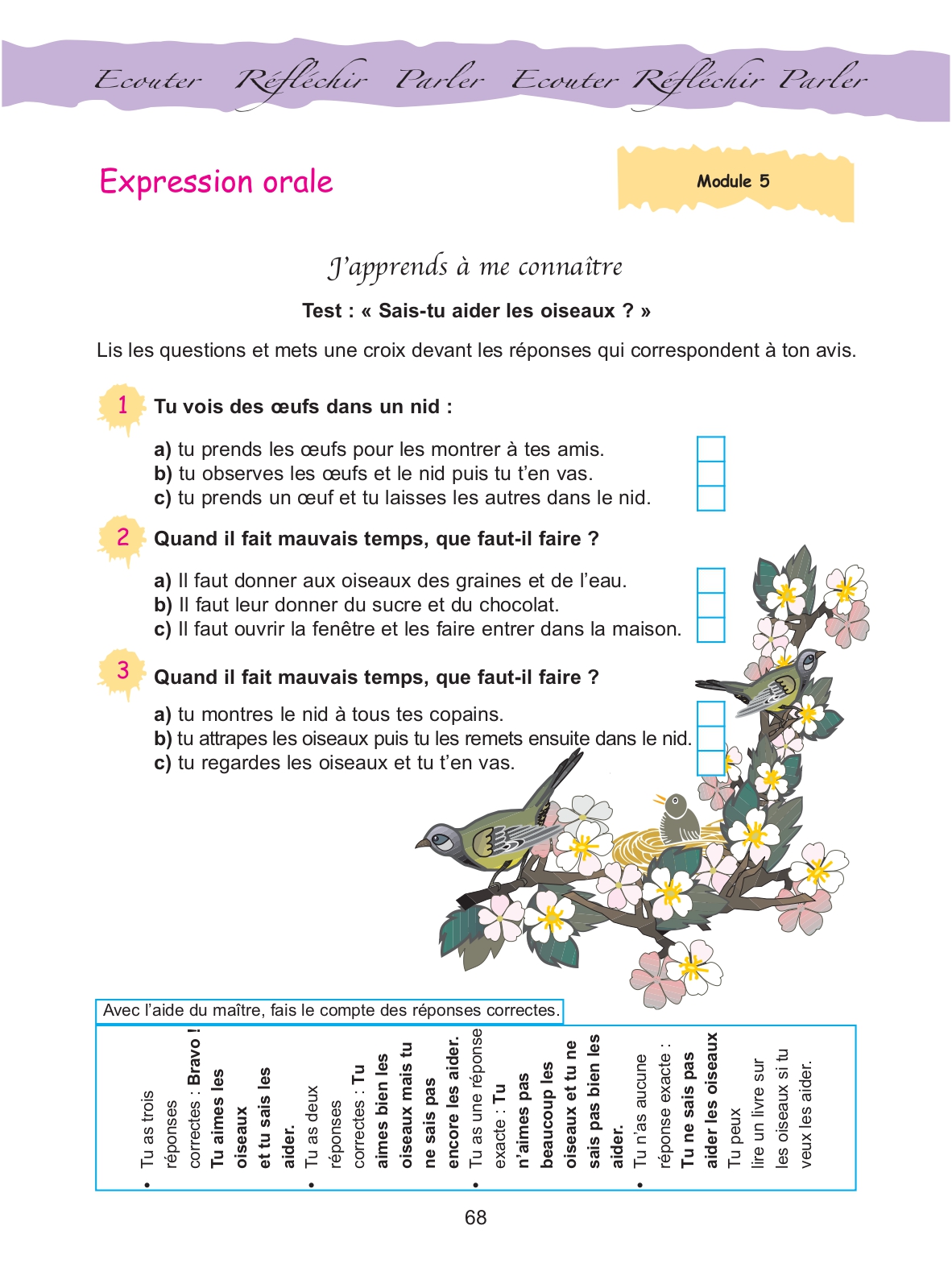 Page du cahier : test « Sais-tu aider les oiseaux ? » avec trois questions (des œufs dans un nid, aider les oiseaux quand il fait mauvais temps, comment se comporter avec un nid) et trois réponses possibles pour chacune